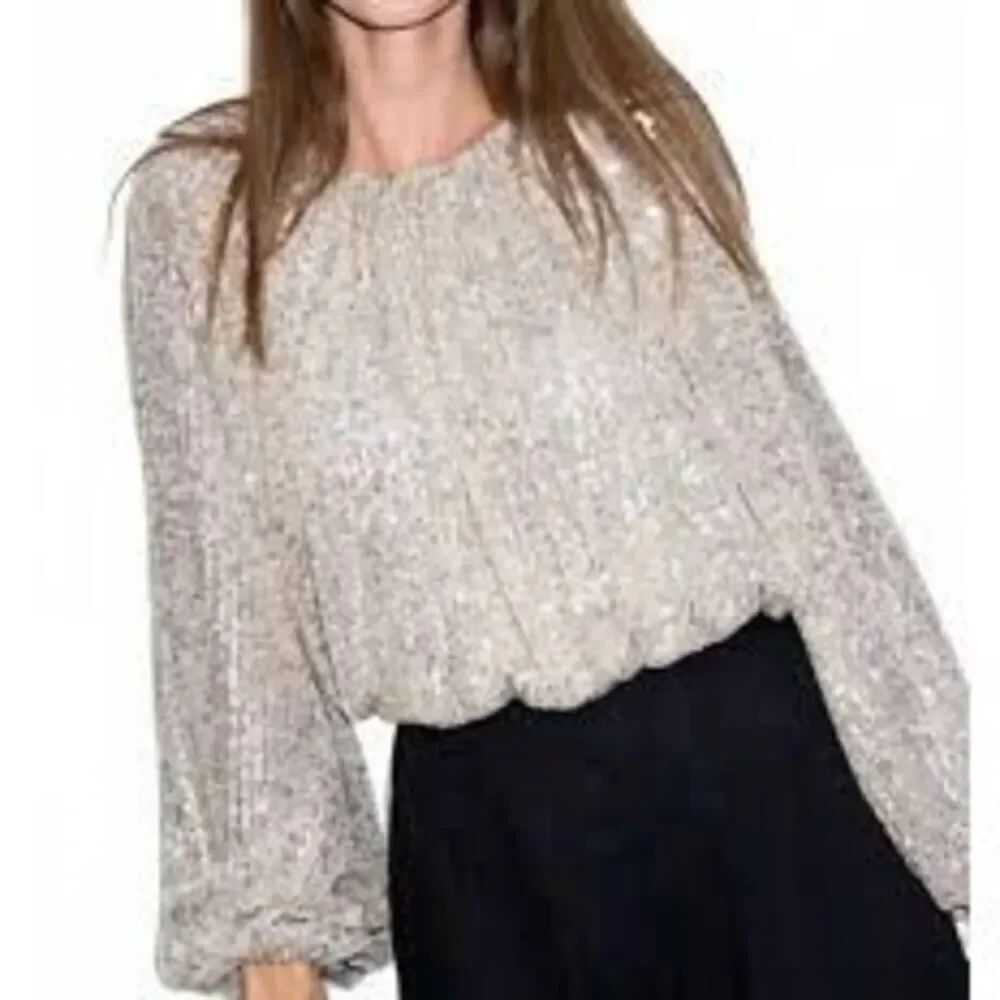 Gianni Bini XS Long Sleeve Sequin Bubble Top Silver Sparkle Bling Party Club NWT